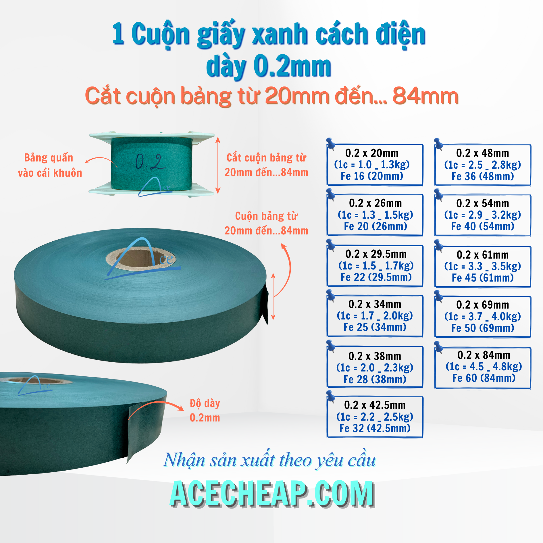 1 Cuộn giấy xanh cách điện dày 0.1mm và 0.2mm cắt cuộn bảng từ 20mm đến ... 84mm