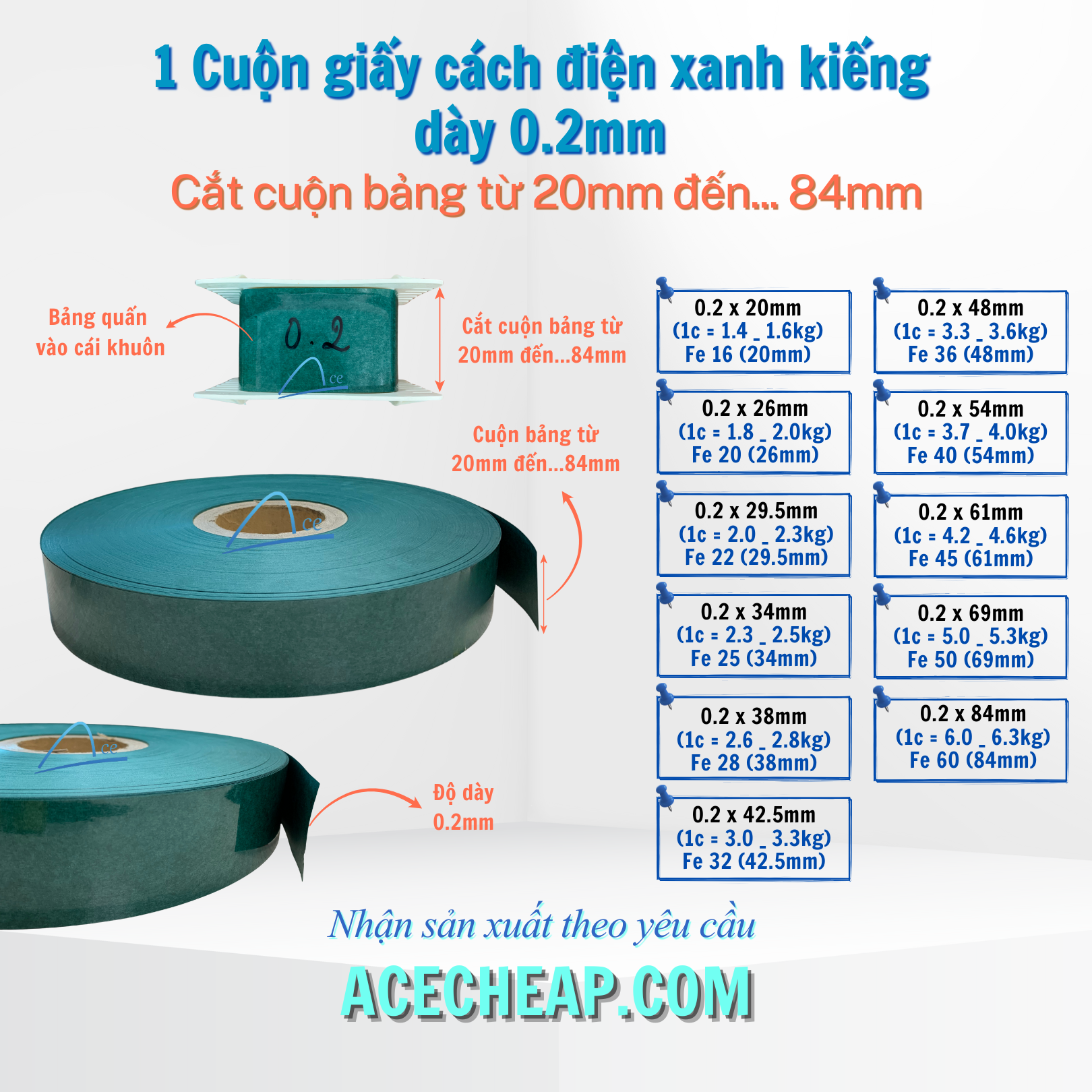1 Cuộn giấy cách điện xanh kiếng dày 0.2mm cắt cuộn bảng từ 20mm đến … 84mm