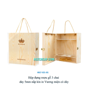 Hộp đựng rượu gỗ 3 chai dày 5mm nắp kín in Vương miện có dây HO17-021-I01