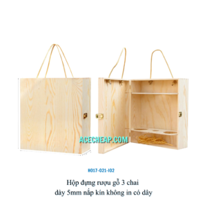Hộp đựng rượu gỗ 3 chai dày 5mm nắp kín không in có dây HO17-021-I02