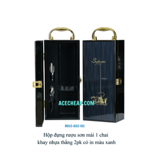 Hộp đựng rượu sơn mài 1 chai khay nhựa thẳng 2pk có in màu xanh HO15-002-I01