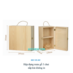 Hộp đựng rượu gỗ 3 chai nắp kín không in HO17-221-I02