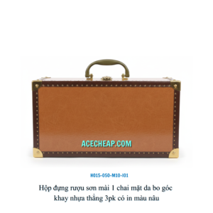 Hộp đựng rượu sơn mài 1 chai mặt da bo góc khay nhựa thẳng 3pk có in màu nâu HO15-050-M10-I01