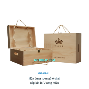 Hộp đựng rượu gỗ 6 chai nắp kín in Vương miện HO17-006-I01