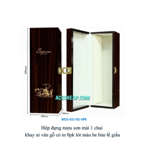 Hộp đựng rượu sơn mài 1 chai khay nỉ vân gỗ có in 0pk lót màu be bản lề giấu HO15-021-I01-0PK