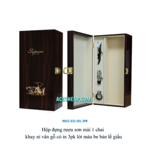 Hộp đựng rượu sơn mài 1 chai khay nỉ vân gỗ có in 3pk lót màu be bản lề giấu HO15-021-I01-3PK