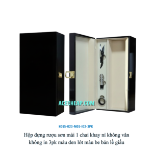 Hộp đựng rượu sơn mài 1 chai khay nỉ không vân không in 3pk màu đen lót màu be bản lề giấu HO15-023-M01-I02-3PK