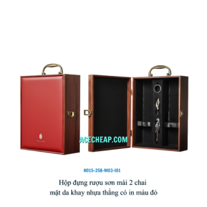 Hộp đựng rượu sơn mài 2 chai mặt da khay nhựa thẳng có in màu đỏ HO15-258-M03-I01