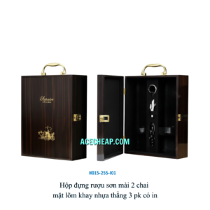 Hộp đựng rượu sơn mài 2 chai mặt lõm khay nhựa thẳng 3 pk có in HO15-255-I01