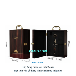 Hộp đựng rượu sơn mài 2 chai mặt lõm vân gỗ khay hình chai rượu màu đen HO15-325-M01