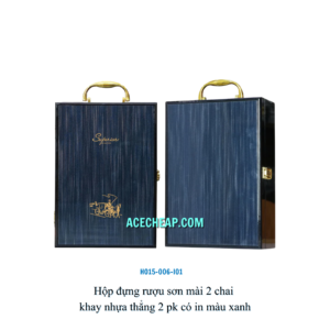 Hộp đựng rượu sơn mài 2 chai khay nhựa thẳng 2 pk có in màu xanh HO15-006-I01
