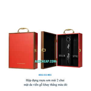 Hộp đựng rượu sơn mài 2 chai mặt da viền gỗ khay thẳng màu đỏ HO16-033-M03