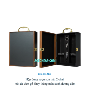 Hộp đựng rượu sơn mài 2 chai mặt da viền gỗ khay thẳng màu xanh dương đậm HO16-033-M13