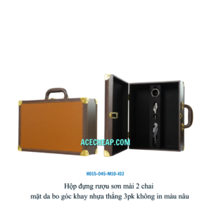 Hộp đựng rượu sơn mài 2 chai mặt da bo góc khay nhựa thẳng 3pk không in màu nâu HO15-045-M10-I02