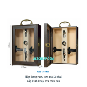 Hộp đựng rượu sơn mài 2 chai nắp kính khay eva màu nâu HO15-144-M10