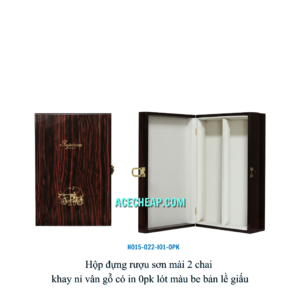 Hộp đựng rượu sơn mài 2 chai khay nỉ vân gỗ có in 0pk lót màu be bản lề giấu HO15-022-I01-0PK