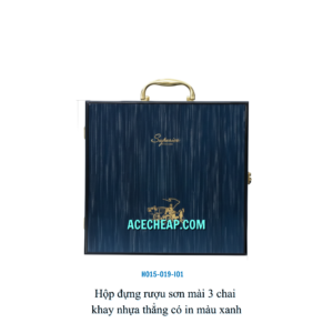 Hộp đựng rượu sơn mài 3 chai khay nhựa thẳng có in màu xanh HO15-019-I01