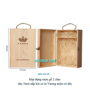 Hộp đựng rượu gỗ 2 chai dày 5mm nắp kín có in Vương miện có dây HO17-014-I01
