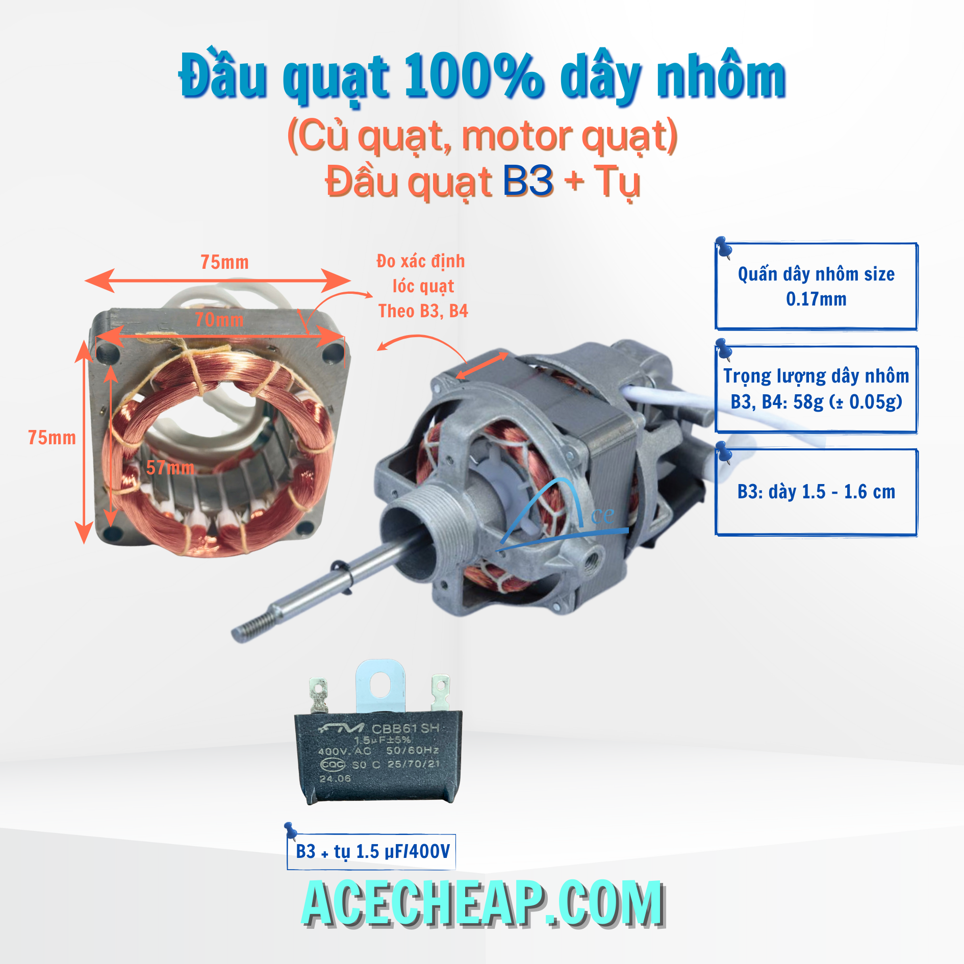 Đầu quạt 100% dây nhôm tặng tụ đề B3 Đầu quạt nhôm B3, Motor quạt nhôm B3