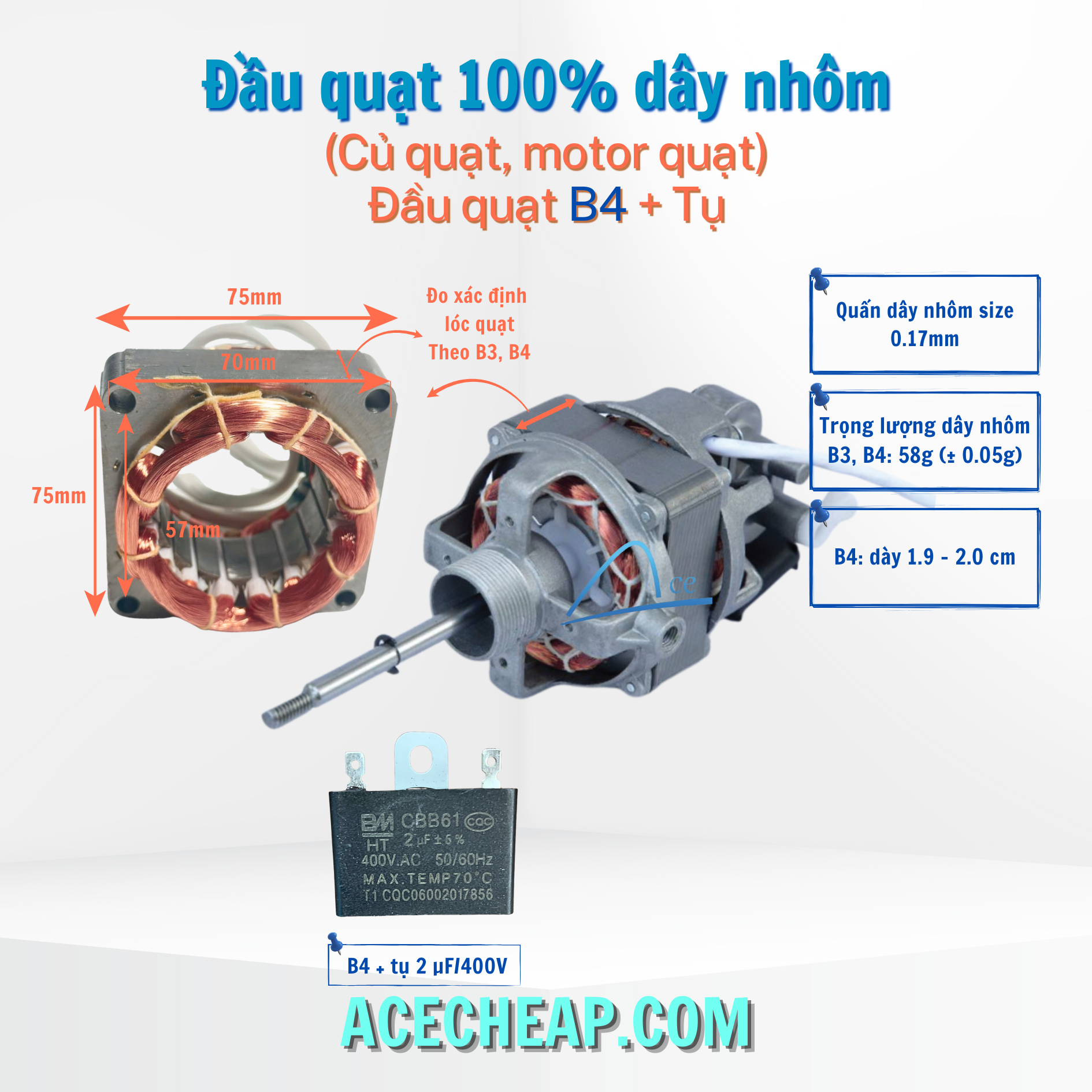 Đầu quạt 100% dây nhôm tặng tụ đề B4 Đầu quạt nhôm B4, Motor quạt B4