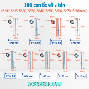 100 con ốc vít+ tán 3*10mm... đến 5*80mm