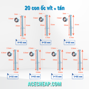 20 con ốc vít + tán: các cỡ 4*40mm... đến 5*80 mm